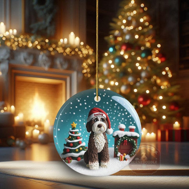 Bernedoodle-ornament - Gepersonaliseerd bruin hondenbeeldje als aandenken, rond keramisch met sublimatieprint, 7 cm groot, een blijvend kerststuk afbeelding 14