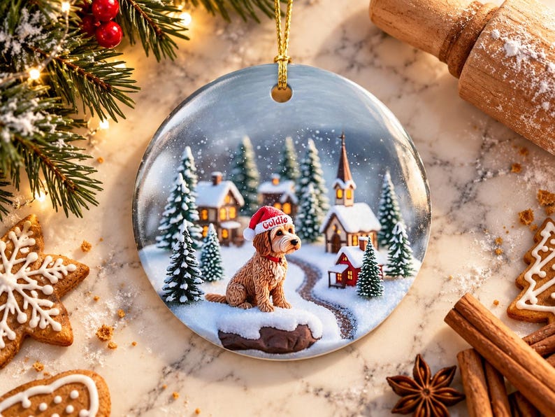 May include: A round ceramic Christmas ornament featuring a golden-colored dog wearing a red Santa hat with the name Goldie printed on it. The scene depicts a snowy village with pine trees, small houses, and a church, all under a winter sky.