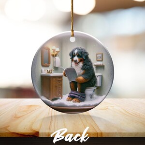 Bernese Mountain Dog Sitting on Toilet Scene Ceramic Ornament, Dog Bathroom Art, Pup Restroom Gifts, Dog Reading a Magazine, Trendy Dog Gift