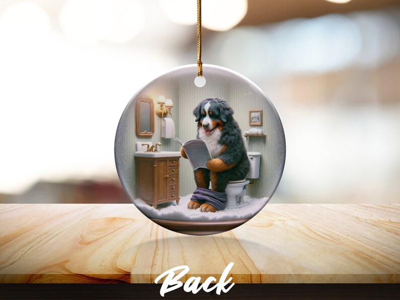 Bernese Mountain Dog Sitting on Toilet Scene Ceramic Ornament, Dog Bathroom Art, Pup Restroom Gifts, Dog Reading a Magazine, Trendy Dog Gift