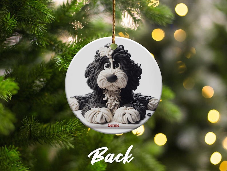 Bernedoodle Ornament, Dog Lover Gift | Sublimation Ceramic | Two-Sided Keepsake, Black White Illustration image 5