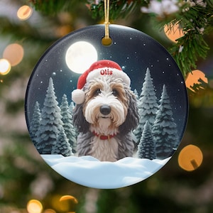 Dog Christmas ornament, Santa hat dog decor, round tree decoration, holiday gift for dog lovers, pet themed Xmas ornament