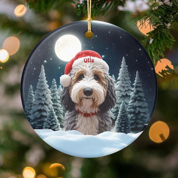 Bernedoodle Ornament, Santa Hat Christmas Keepsake - Sublimation Ceramic - 3 Inch Custom Name Dog Lover Holiday Tree Decor