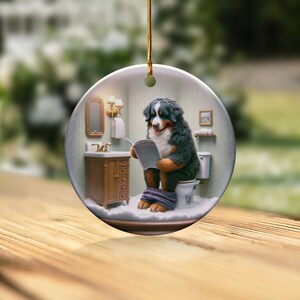 Bernese Mountain Dog Sitting on Toilet Scene Ceramic Ornament, Dog Bathroom Art, Pup Restroom Gifts, Dog Reading a Magazine, Trendy Dog Gift