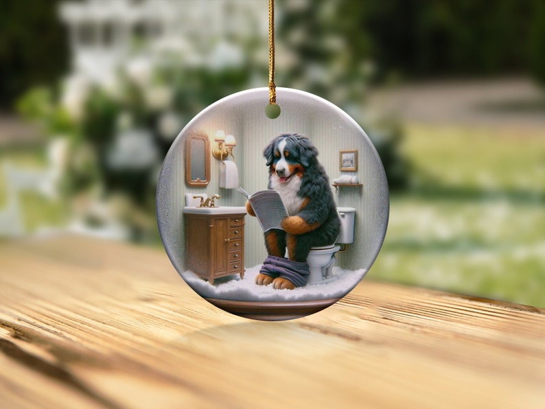 Bernese Mountain Dog Sitting on Toilet Scene Ceramic Ornament, Dog Bathroom Art, Pup Restroom Gifts, Dog Reading a Magazine, Trendy Dog Gift