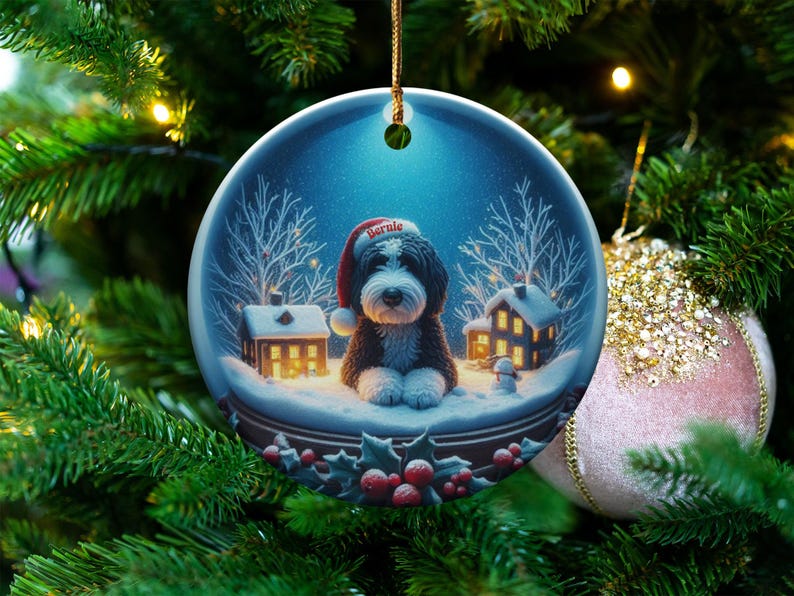 Christmas tree ornament, holiday decoration, winter scene ornament, dog lover gift, holiday home decor, festive tree hanging, personalized