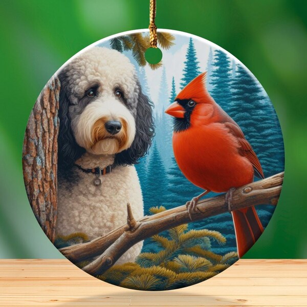 Cardinal and Doodle Dog Ceramic Ornament, Oil Paint Design