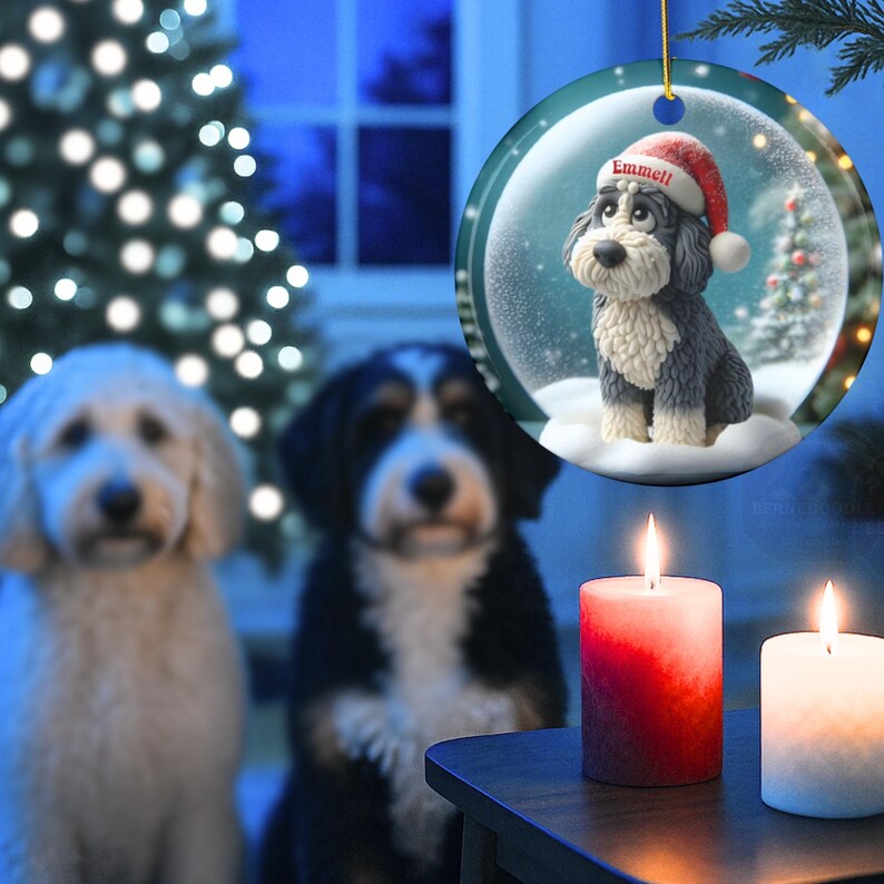 Sheepadoodle Dog Christmas Ornament, Festive Snow Scene Decor | Ceramic | Sublimation Two-Sided Keepsake image 6