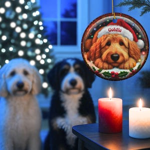 Ceramic golden doodle goldendoodle doodle dog ornament with impressive snow globe style design on both sides.  Excellent doodle mom gift.  Goldendoodle holiday heirloom gift and Christmas Tree Ornament!