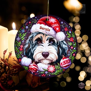Merle Bernedoodle ceramic ornament with one blue eye and one brown eye!