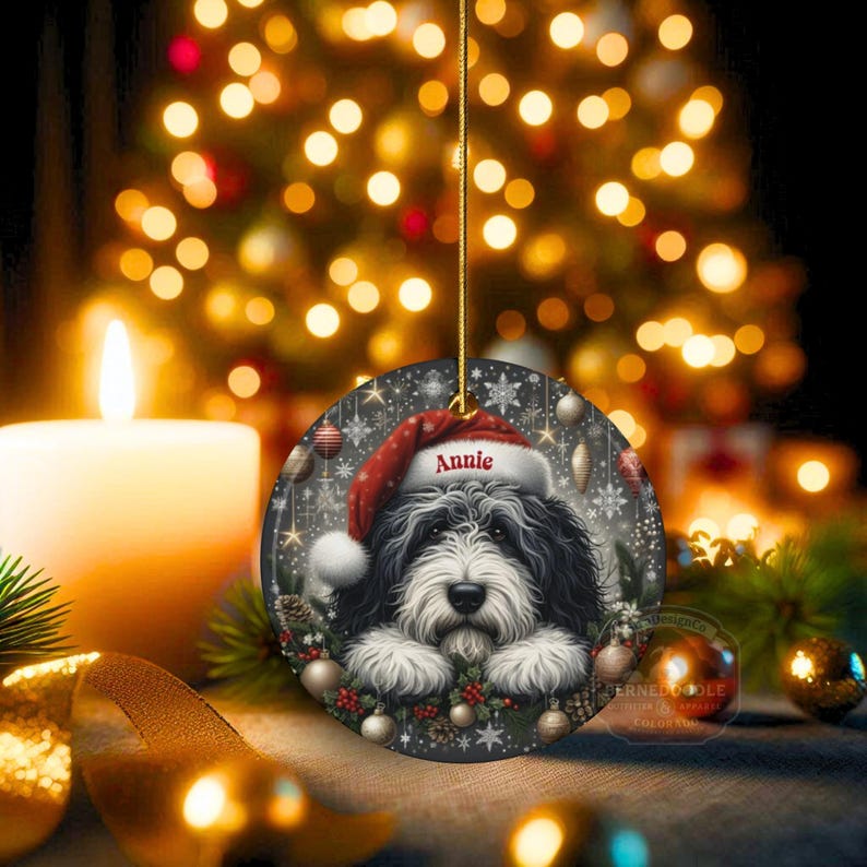 Lover Gift Ceramic, Personalized Sheepadoodle Ornament - Sublimation Print | Double-Sided Artwork | Snowy Winter Keepsake image 3