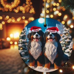 Op de afbeelding: Ronde kerstversiering met twee Berner Sennenhonden met kerstmutsen. De honden hebben zwart, bruin en wit haar, met de namen "Edison" en "Einstein" op hun mutsen. De achtergrond toont een besneeuwde sc&egrave;ne met kerstbomen.