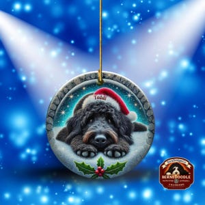 Black goldendoodle ceramic ornament with two sided design.  Black golden doodle , black bernedoodle dog decor.