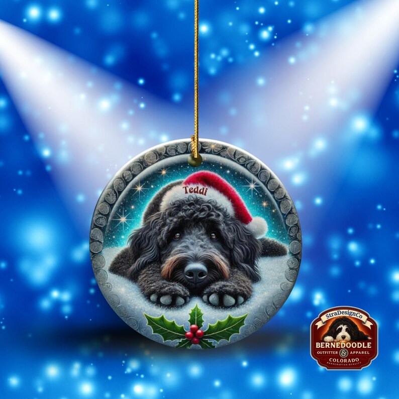 Black goldendoodle ceramic ornament with two sided design.  Black golden doodle , black bernedoodle dog decor.