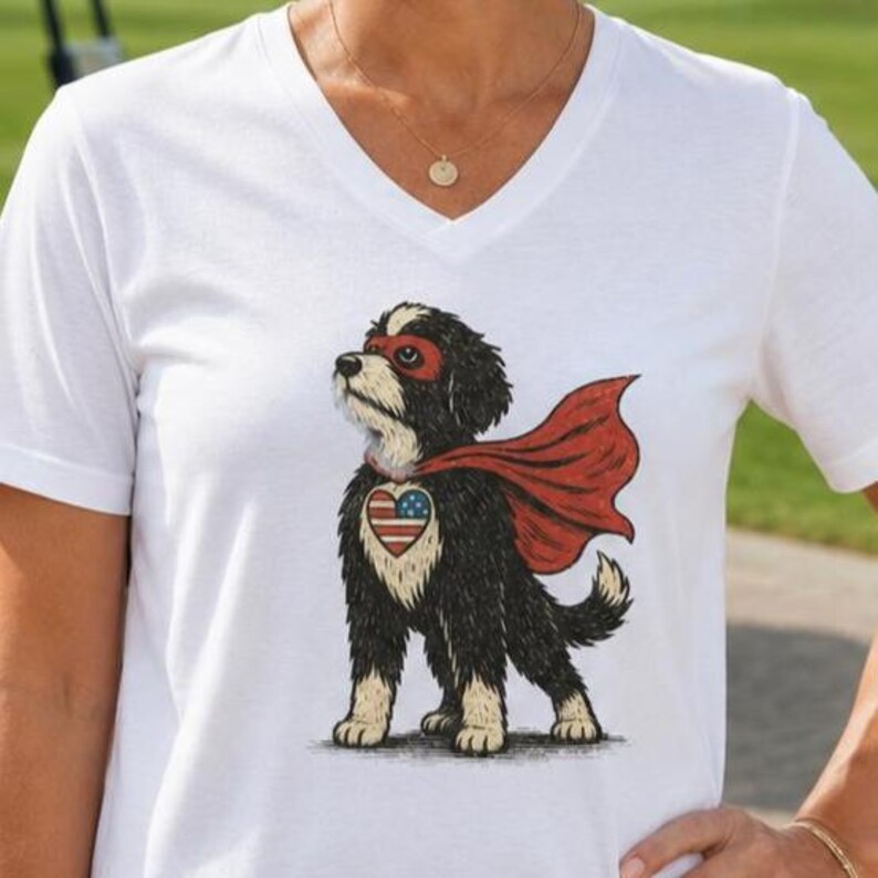May include: A white V-neck t-shirt featuring a graphic illustration of a black and white dog wearing a red superhero cape and mask. The dog has a heart-shaped patch on its chest containing a red, white, and blue American flag pattern.