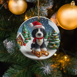 Bernedoodle Ornament, Festive Dog Sled - Snow Globe Style (3 Inch Ceramic, Sublimation) immagine 10