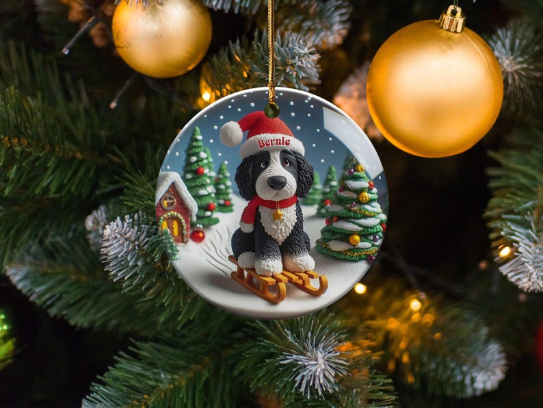 Bernedoodle Ornament, Festive Dog Sled - Snow Globe Style (3 Inch Ceramic, Sublimation) immagine 10