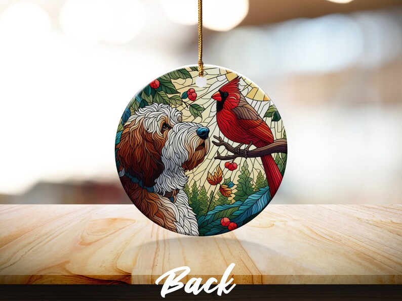 Doodle Dog and Cardinal Ceramic Ornament, Faux Stained Glass Design image 8