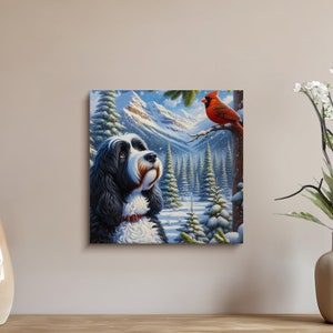 Doodle Dog and Cardinal Canvas Art, Winter Scene, Dog Lover Gift image 6