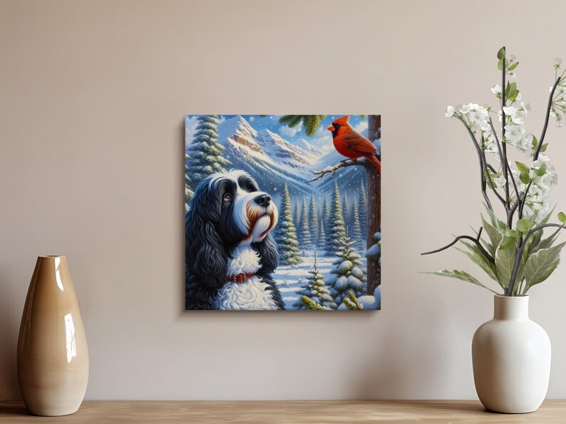 Doodle Dog and Cardinal Canvas Art, Winter Scene, Dog Lover Gift image 6