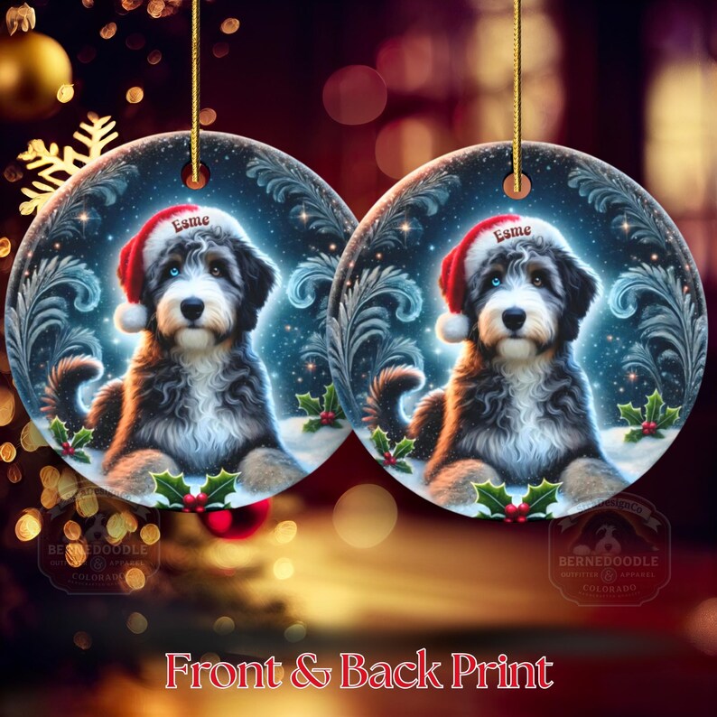 Merle Bernedoodle, Personalized Santa Hat Ornament | Sublimation Ceramic | Custom Dog Lover Gift image 11
