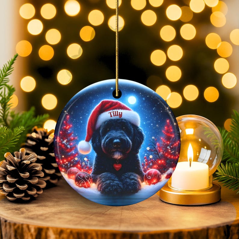 This festive ornament features an adorable black doodle wearing a Santa hat, surrounded by soft glowing holiday lights and rich red Christmas tones. The warm lighting highlights the dog’s fluffy black fur, giving the design a bright, cheerful look that stands out on any tree. A perfect personalized keepsake for anyone who loves black doodles and joyful holiday décor.