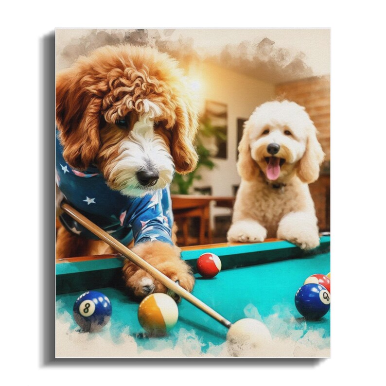 Doodle Dogs Playing Pool Canvas Art, Fun Dog Lover Gift, Man Cave Decor (20x24) image 2
