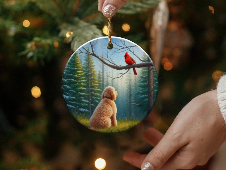 Cardinal and Goldendoodle Ornament, Stained-Glass Looking Design, Cardinal gift, Mothers Day Gift, Bird Lovers Gift, Dog Mom Gifts