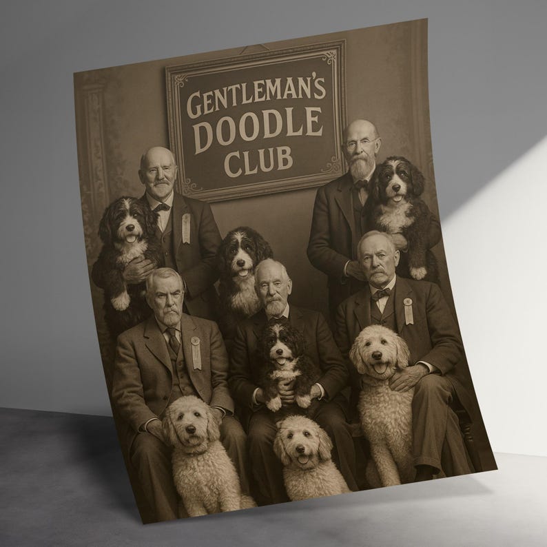 Vintage Gentleman's Doodle Club Poster, Retro Dog Lovers Wall Art, Unique Gift for Pet Owners, Classic Animal Decor for Home or Office