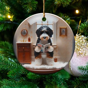 Funny Doodle Dog Toilet Scene Ceramic Ornament, Dog Bathroom Art, Pup Restroom Gifts, Bernedoodle reading a Magazine, Trendy Dog Person Gift