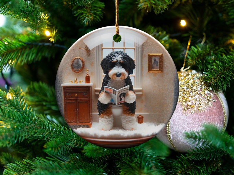 Funny Doodle Dog Toilet Scene Ceramic Ornament, Dog Bathroom Art, Pup Restroom Gifts, Bernedoodle reading a Magazine, Trendy Dog Person Gift