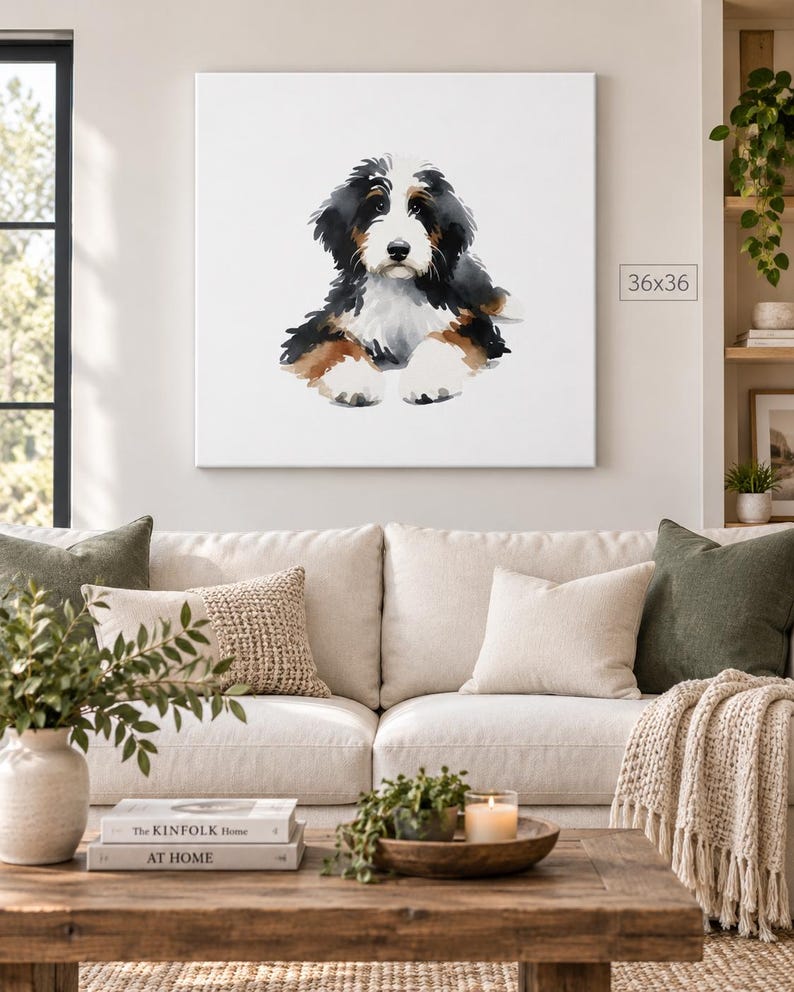 Puede incluir: Un lienzo cuadrado con una ilustraci&oacute;n en acuarela de un cachorro de boyero de Berna con pelaje negro, blanco y marr&oacute;n. La obra de arte est&aacute; etiquetada con las dimensiones 36x36 cm y se muestra sobre un fondo blanco.