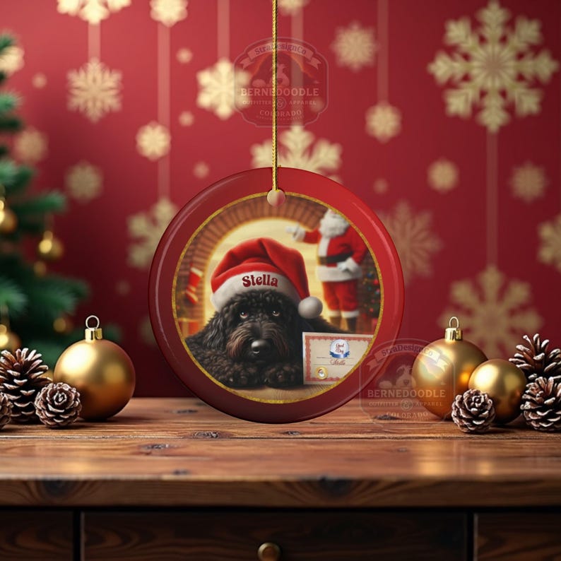 This ceramic ornament features a cute black goldendoodle (or Labradoodle)...Or black bernedoodle dog wearing a Santa hat and being on their best behavior for Santa, surrounded by holiday decorations.  Three inch ceramic dog ornament with a black bernedoodle black golden doodle black goldendoodle dog wearing a santa hat on this cute dog ornament gift.  Perfect ornament for a dog person, dog lover, doodle mom or doodle dad.