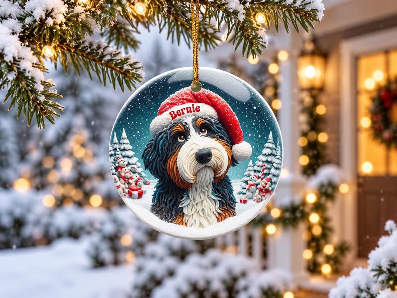 May include: A round ceramic Christmas ornament featuring a Bernese Mountain Dog wearing a red Santa hat with the name Bernie printed on the brim. The dog is set against a snowy winter landscape with pine trees and small snowmen.