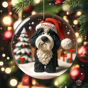 Cute Bernedoodle Ornament featuring a clay style ornament peering at the magic of Christmas.  Personalized Ornament and great gift for any doodle mom or doodle dad.