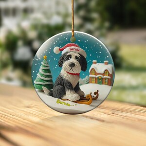 Festive Dog On, Bernedoodle Sledding Ornament | Ceramic Sublimation | 3 Inch Snow Globe Style Bild 6