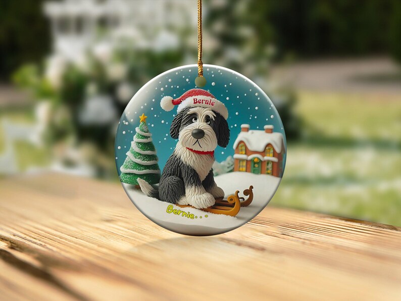 Festive Dog On, Bernedoodle Sledding Ornament | Ceramic Sublimation | 3 Inch Snow Globe Style Bild 6