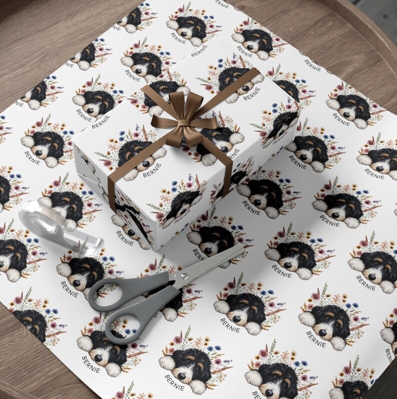 Bernedoodle Gift Wrap, Floral Dog Lover Wrapping Paper image 2