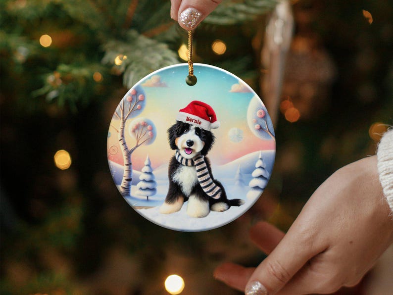 Bernedoodle Ornament, Personalized Ceramic Keepsake | Sublimation Christmas Tree Charm | Dog Lover Gift Gold String imagen 8