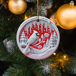 Cardinal in Winter Wonderland Ceramic Ornament, Original Design With Textured Appearance, Unique Holiday Home Decor, Beautiful Seasonal Gift image 3