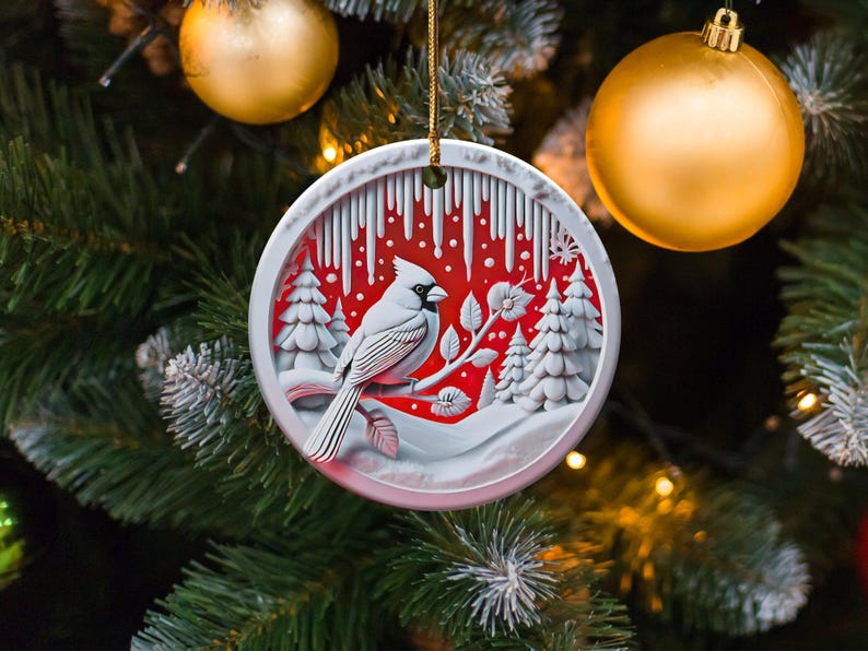 Cardinal in Winter Wonderland Ceramic Ornament, Original Design With Textured Appearance, Unique Holiday Home Decor, Beautiful Seasonal Gift image 3