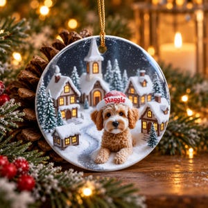 May include: A round ceramic ornament featuring a fluffy golden-brown dog wearing a red and white Santa hat with the name Maggie printed on it. The background shows a snowy village scene with small houses, a church, and pine trees.
