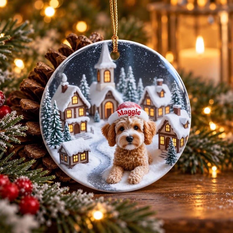 May include: A round ceramic ornament featuring a fluffy golden-brown dog wearing a red and white Santa hat with the name Maggie printed on it. The background shows a snowy village scene with small houses, a church, and pine trees.