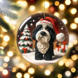 Cute Bernedoodle Ornament featuring a clay style ornament peering at the magic of Christmas.  Personalized Ornament and great gift for any doodle mom or doodle dad.