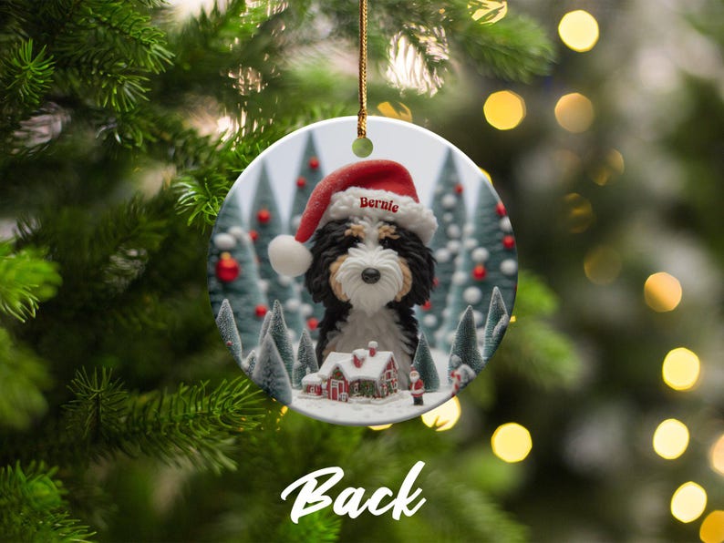 Custom Dog Ornament, Bernedoodle Christmas Gift - Two Sided Sublimation Ceramic Keepsake - Santa Hat Pup Holiday Decor image 5