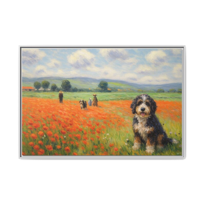 Bernedoodle Classic in un campo di papaveri - Tela incorniciata immagine 13