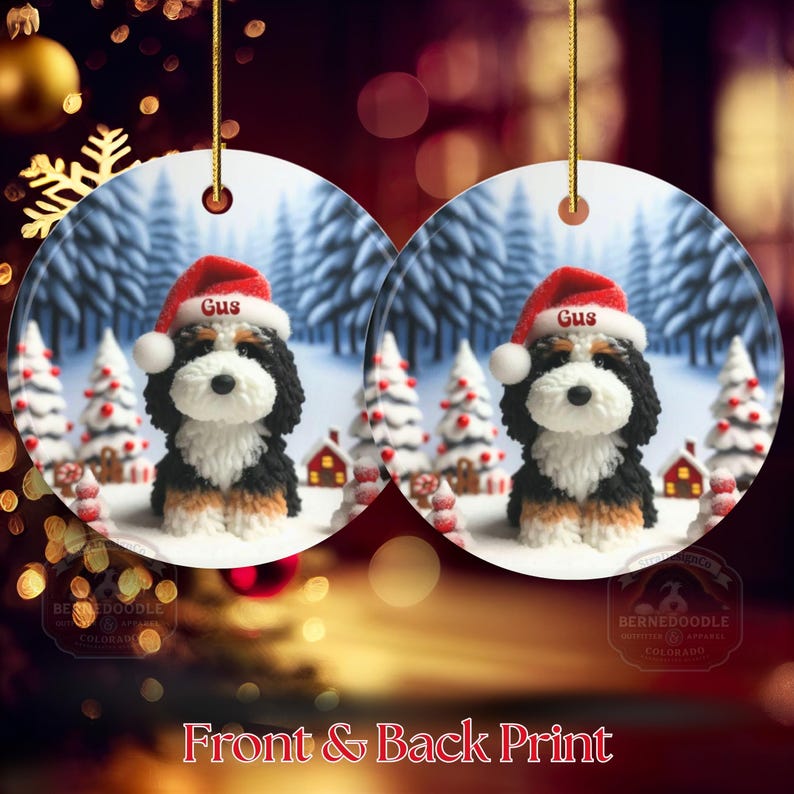 Bernedoodle claymation style ornament made of ceramic, hanging by a gold string.  Winter scene featuring a cute, personalized doodle dog with personalized name on santa hat.  Perfect gift for Bernedoodle Dog Lovers and Pet Enthusiasts.  Picture of bernedoodle ornament front and back design.