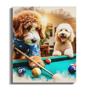Doodle Dogs Playing Pool Canvas Art, Fun Dog Lover Gift, Man Cave Decor (20x24) image 4