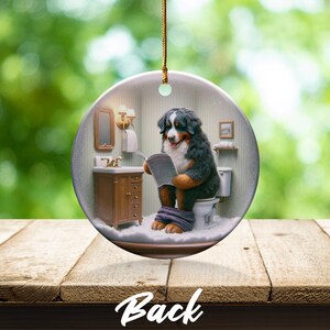 Bernese Mountain Dog Sitting on Toilet Scene Ceramic Ornament, Dog Bathroom Art, Pup Restroom Gifts, Dog Reading a Magazine, Trendy Dog Gift