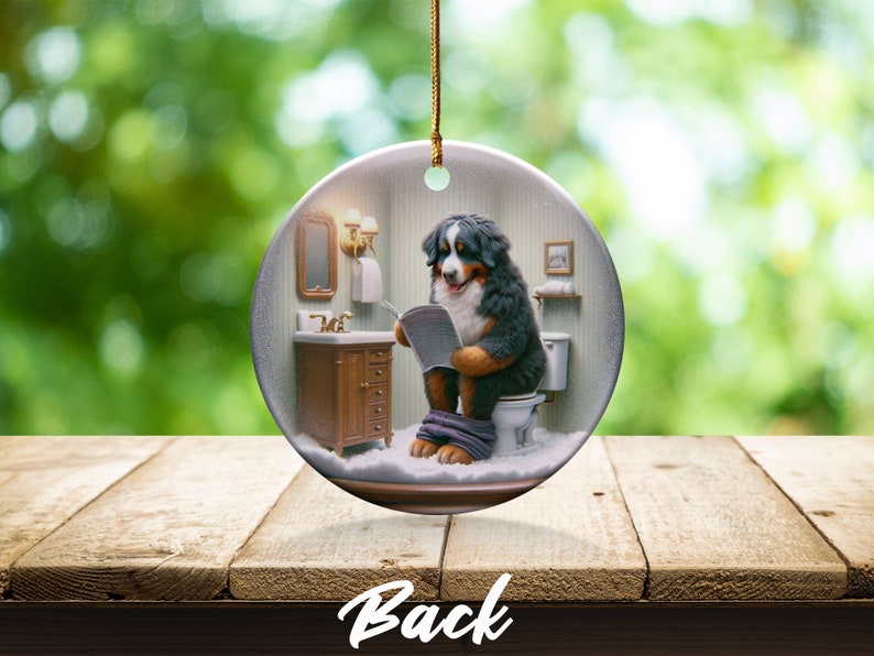 Bernese Mountain Dog Sitting on Toilet Scene Ceramic Ornament, Dog Bathroom Art, Pup Restroom Gifts, Dog Reading a Magazine, Trendy Dog Gift